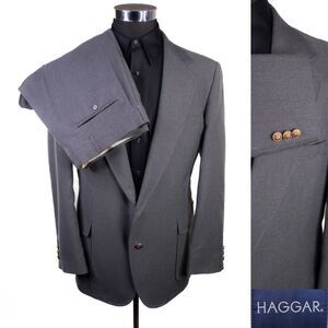 Haggar 2-Piece Suit Mens 44R Blazer Jacket Gold Buttons Pants 38X30 Dual Vented